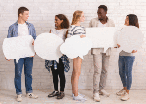 People holding speech bubbles
