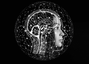 Profile of a woman’s face overlaid with a digital brain and neural network connections