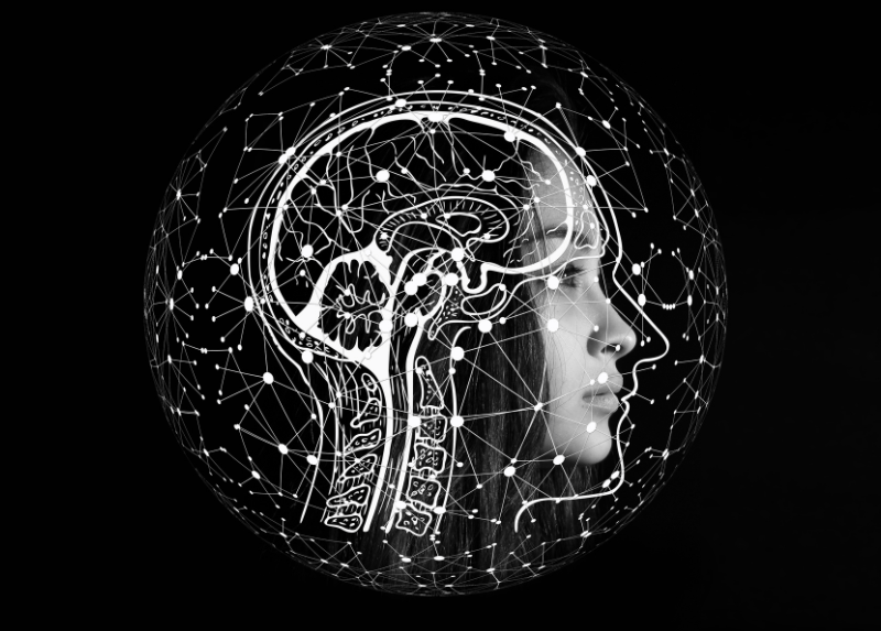 Profile of a woman’s face overlaid with a digital brain and neural network connections