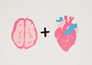 Illustration of a pink brain and a human heart with a plus sign between them