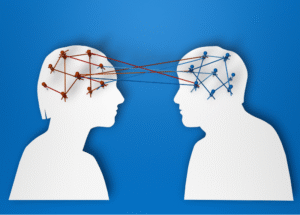 Illustration of two human profiles connected by strings