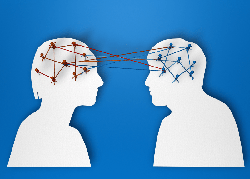 Illustration of two human profiles connected by strings