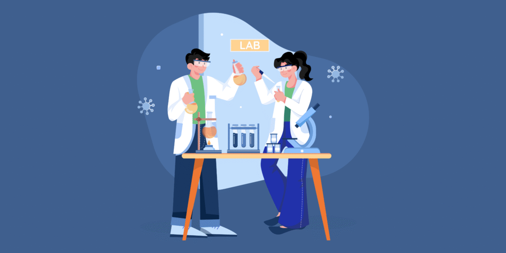 Illustration of two scientists in a lab conducting experiments with test tubes, flasks, and a microscope, wearing lab coats and safety goggles.