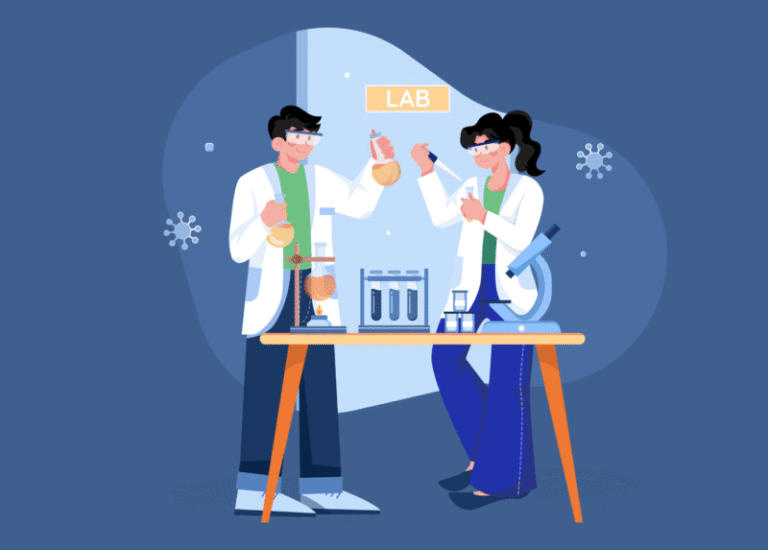 Illustration of two scientists in a lab conducting experiments with test tubes, flasks, and a microscope, wearing lab coats and safety goggles.