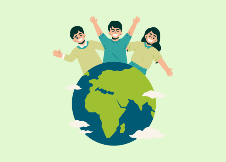 Illustration of three smiling people standing behind a globe, symbolising unity and global values on a bright green background.