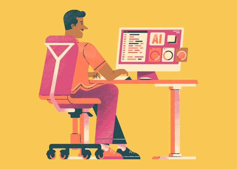Illustration of a person sitting at a desk working on a computer with an AI interface, symbolizing artificial intelligence and modern digital communication.