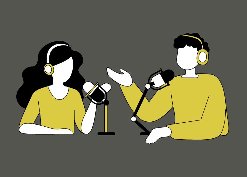 Illustration of two podcast hosts recording a conversation with microphones and headphones, symbolizing a discussion or interview.