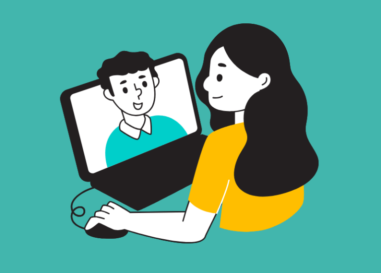 Illustration of a woman having a video call on a laptop with a man on the screen.