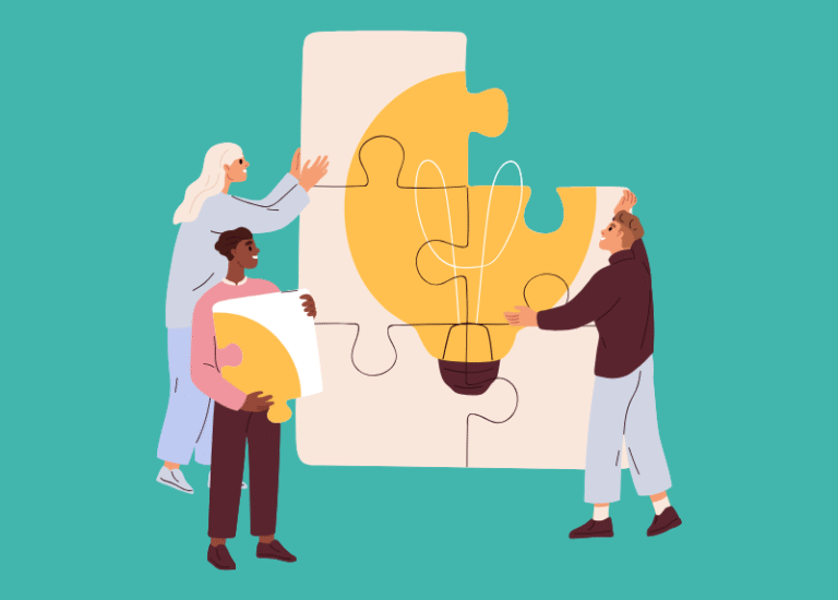 Illustration of three people assembling puzzle pieces that form a large lightbulb, symbolizing teamwork, collaboration, and shared ideas.