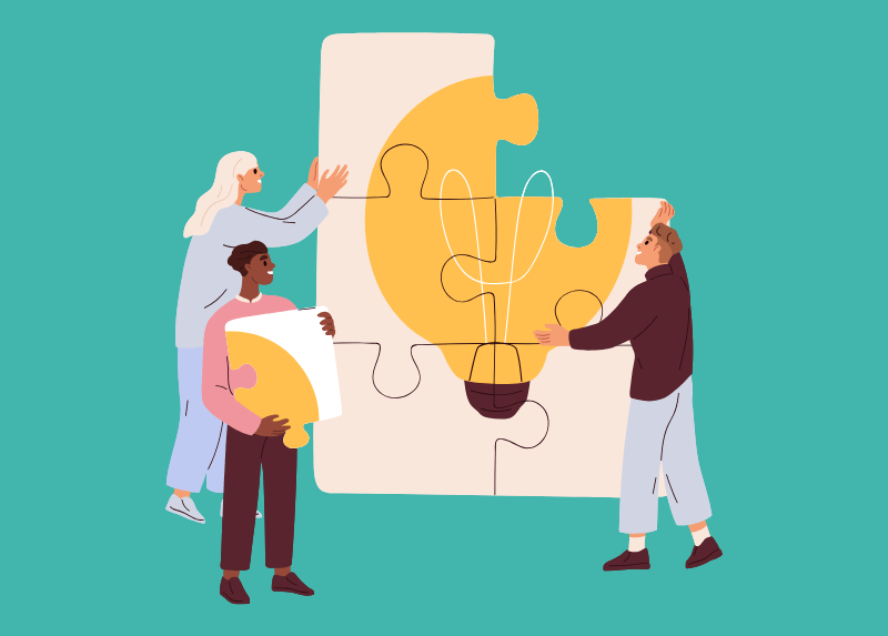 Illustration of three people assembling puzzle pieces that form a large lightbulb, symbolizing teamwork, collaboration, and shared ideas.
