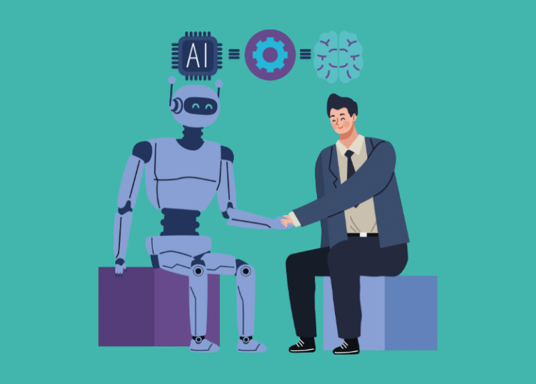 Illustration of a human and a robot shaking hands, symbolizing collaboration between people and AI in the workplace.