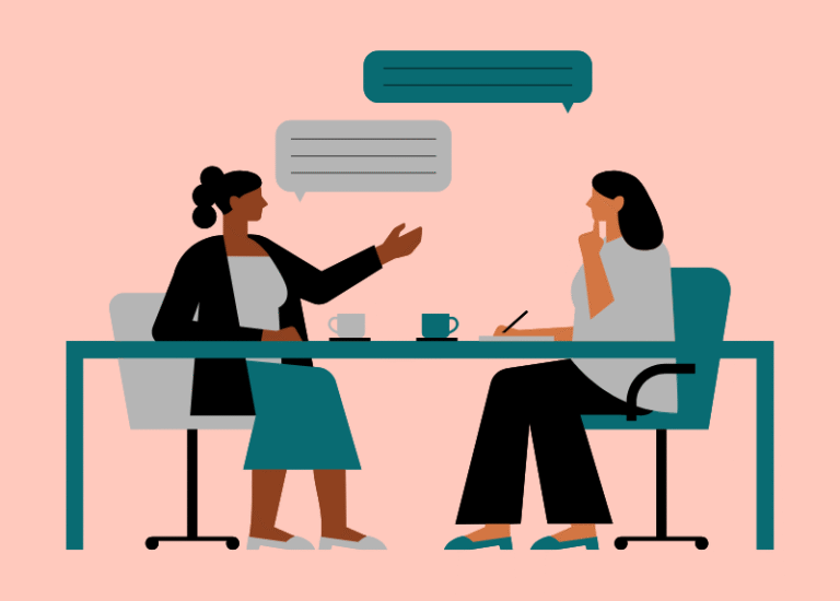 Illustration of two women sitting at a table having a conversation, with speech bubbles above them and coffee cups on the table.