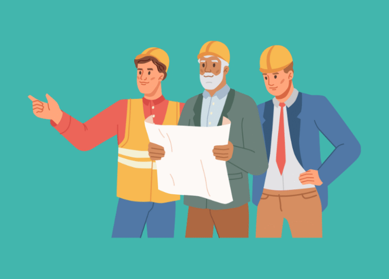 Three construction professionals wearing hard hats review a large blueprint, with one person pointing ahead as they discuss a project plan.
