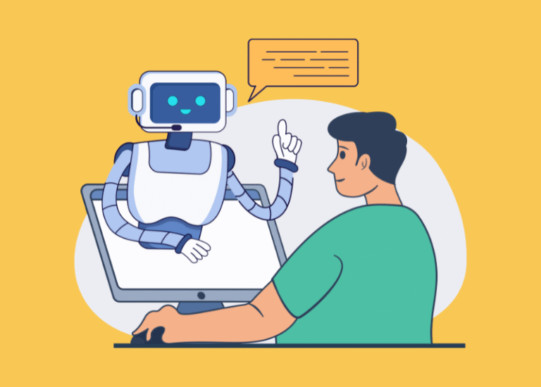 Illustration of a friendly robot emerging from a computer screen and talking with a person seated at a desk, symbolizing human–AI collaboration.