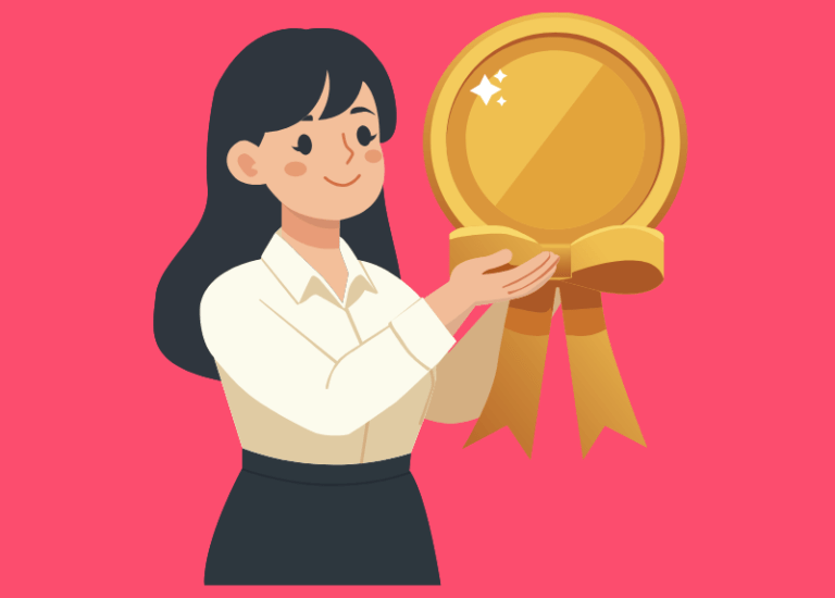 Illustration of a smiling woman holding up a large gold award ribbon against a pink background, symbolising recognition and achievement.