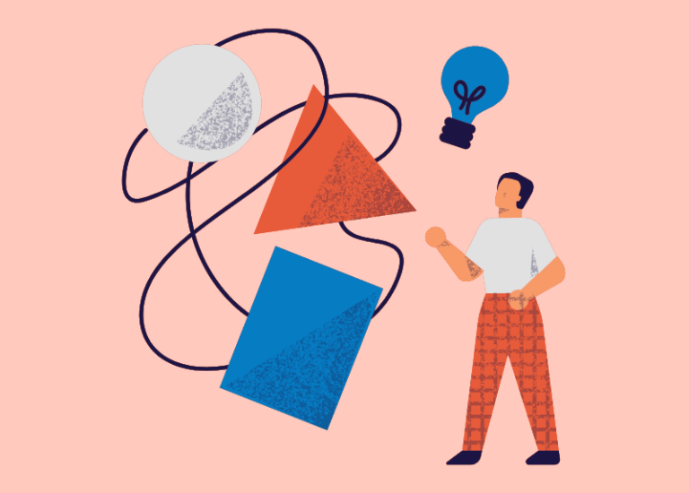 Illustration of a person interacting with abstract geometric shapes and orbital lines, with a lightbulb icon overhead, symbolising human creativity, problem-solving and human-centred innovation in an AI-driven workplace.