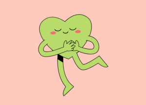 Cute cartoon green heart character with closed eyes and rosy cheeks, hands over chest, appearing calm and self-soothing on a pink background.