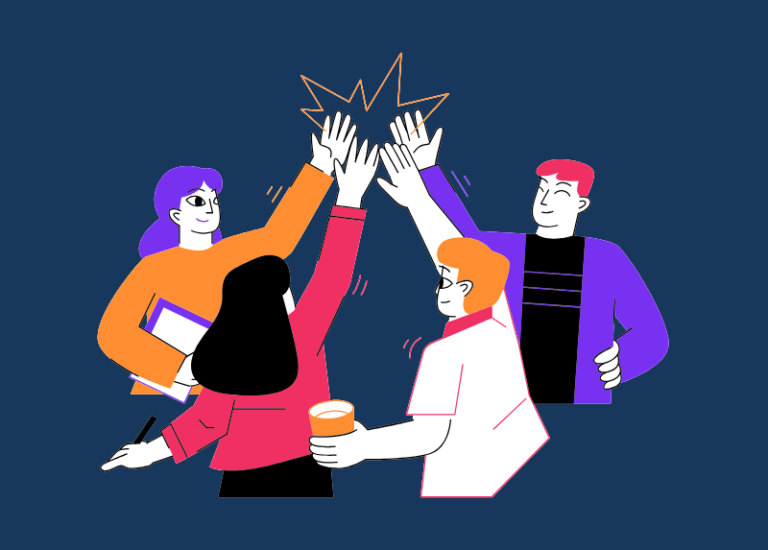 Illustration of a diverse group of colleagues high-fiving in a circle, symbolising teamwork, collaboration, and psychological safety in the workplace.