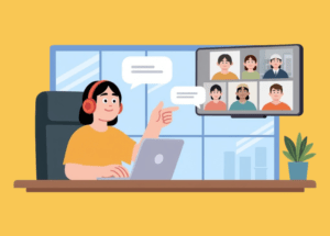 llustration of a woman wearing headphones at a desk with a laptop, speaking and pointing to a screen showing a virtual team video call with six colleagues.