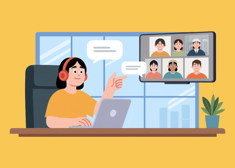 llustration of a woman wearing headphones at a desk with a laptop, speaking and pointing to a screen showing a virtual team video call with six colleagues.