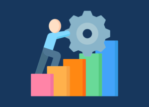 Illustration of a person pushing a large gear while climbing colorful bar steps, symbolizing progress, growth, and continuous improvement in work or performance.