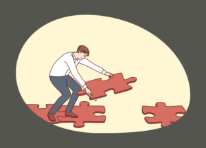Illustration of a person placing a large puzzle piece among others, representing problem-solving, alignment, and finding the right solution.