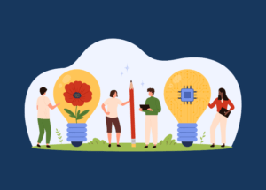 Illustration of four people collaborating around large lightbulbs—one with a flower and one with a circuit—symbolizing creativity, design thinking, and innovation.