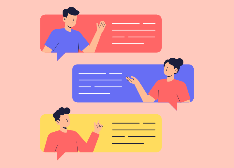 Illustration of three people in separate colorful chat bubbles, representing conversation, collaboration, and sharing ideas or feedback.