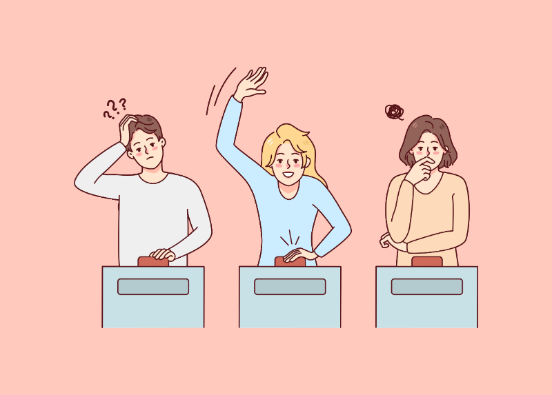 Illustration of three people at podiums pressing buttons—one confused, one confident with hand raised, and one unsure—representing different reactions or decision-making styles.