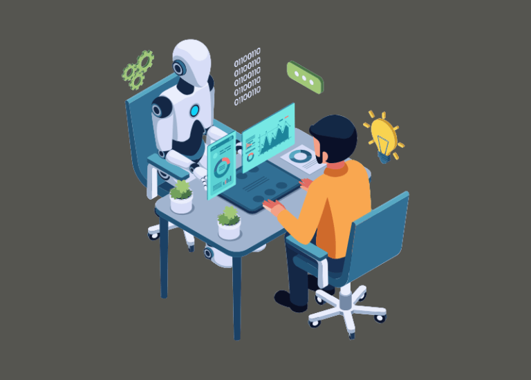 Illustration of a human and a robot collaborating at a desk, both facing a computer with data dashboards, charts, and analytics on screen, symbolizing AI-assisted work and decision-making.