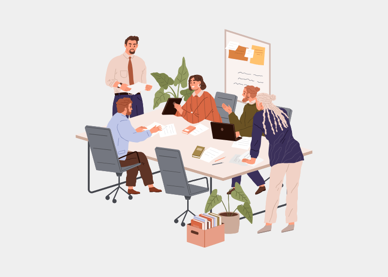 Illustration of a diverse group of colleagues collaborating around a table in a meeting, sharing ideas, reviewing documents, and working together in a modern office setting.