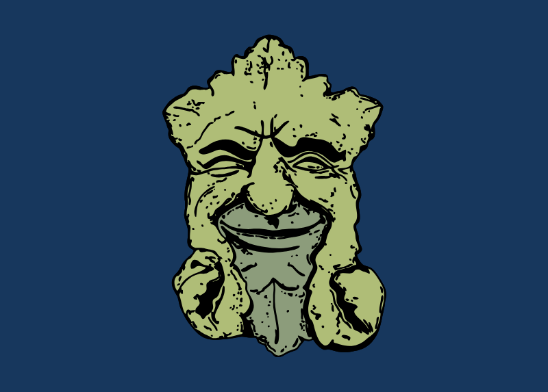 Illustrated green man face inspired by Jack in the Green folklore, with leafy features and a smiling expression on a dark blue background.
