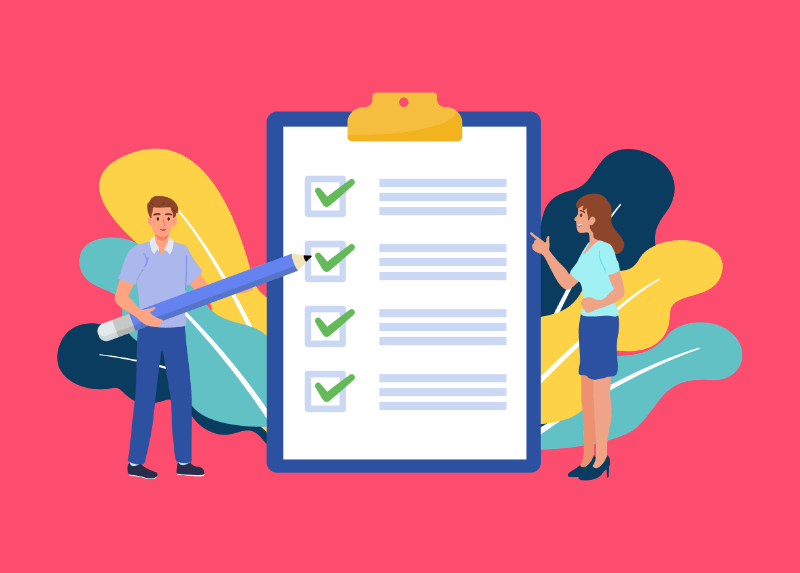 Illustration of two office workers standing beside a large clipboard checklist, marking completed items, representing surveys or task completion.