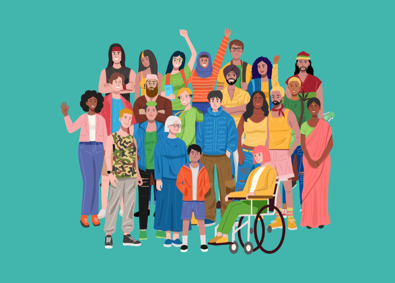Illustration of a diverse group of people of different ages, cultures, and abilities standing together, including a wheelchair user, symbolising inclusion and diversity.