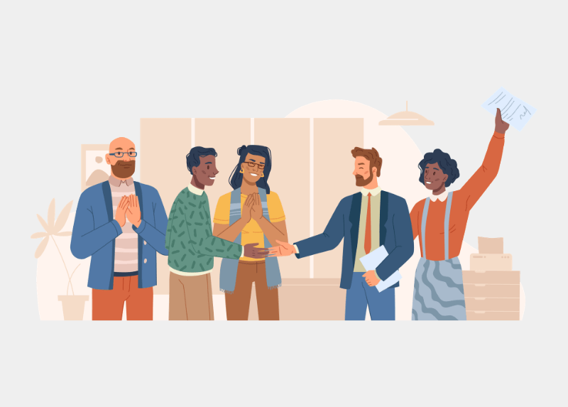 Illustration of a diverse group of coworkers in an office celebrating and shaking hands, with one person holding up a document and others smiling and applauding.
