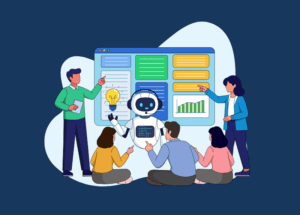 Illustration of a group of people collaborating with a robot in front of a digital dashboard, symbolizing humans working with AI to generate ideas, analyze data, and create content.