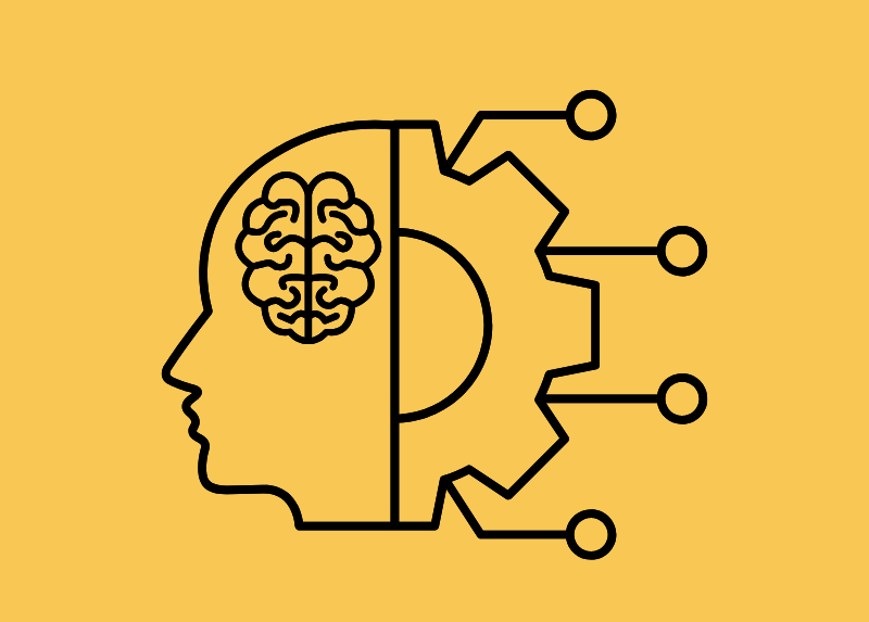Minimalist illustration of a human head in profile with a brain on one side and a gear with connected nodes on the other, representing the integration of human thinking and artificial intelligence.