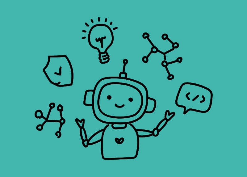 A simple illustration of a smiling robot with a heart on its chest, surrounded by icons including a lightbulb, network nodes, a shield with a checkmark, and a coding speech bubble, representing AI, ideas, security, and technology.