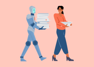 Illustration of a humanoid robot and a woman walking side by side, each carrying stacks of documents, symbolising collaboration between AI and humans at work.