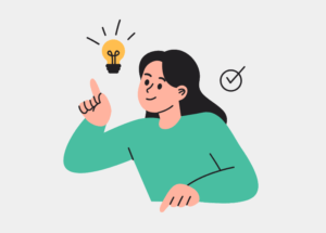 Illustration of a person pointing towards a glowing lightbulb, symbolising ideas, innovation and problem-solving, with a checkmark icon representing successful decision-making.