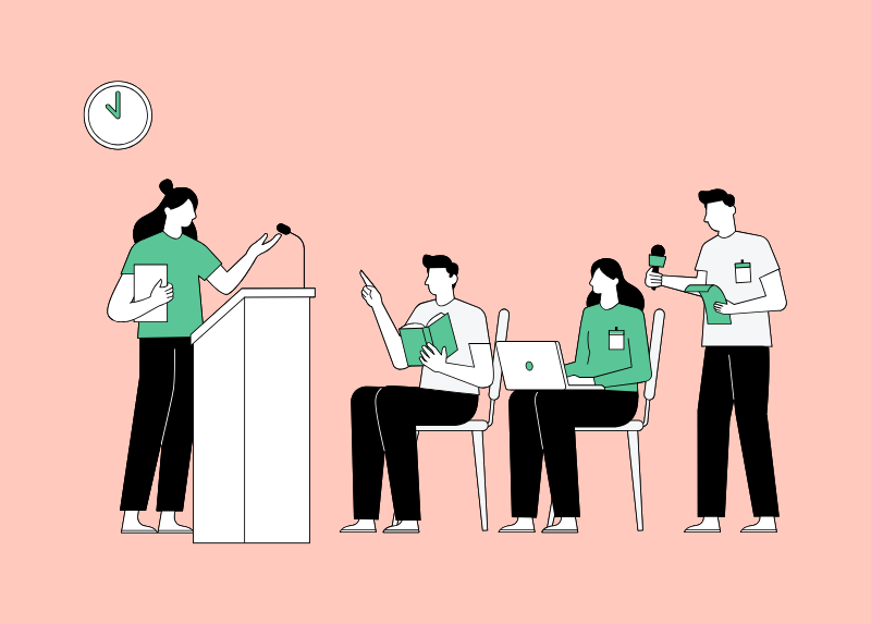 Illustration of a workplace meeting with one person presenting at a podium while colleagues ask questions, take notes and use a laptop, representing employee communication, collaboration and knowledge sharing.