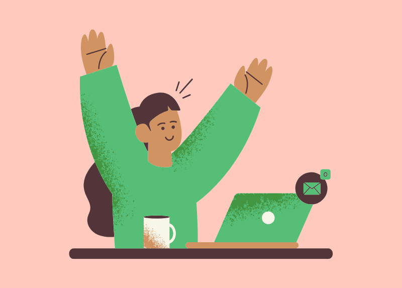 Illustration of a person sitting at a desk with a laptop, raising both arms in celebration, with a coffee mug beside them and a new message notification on screen.
