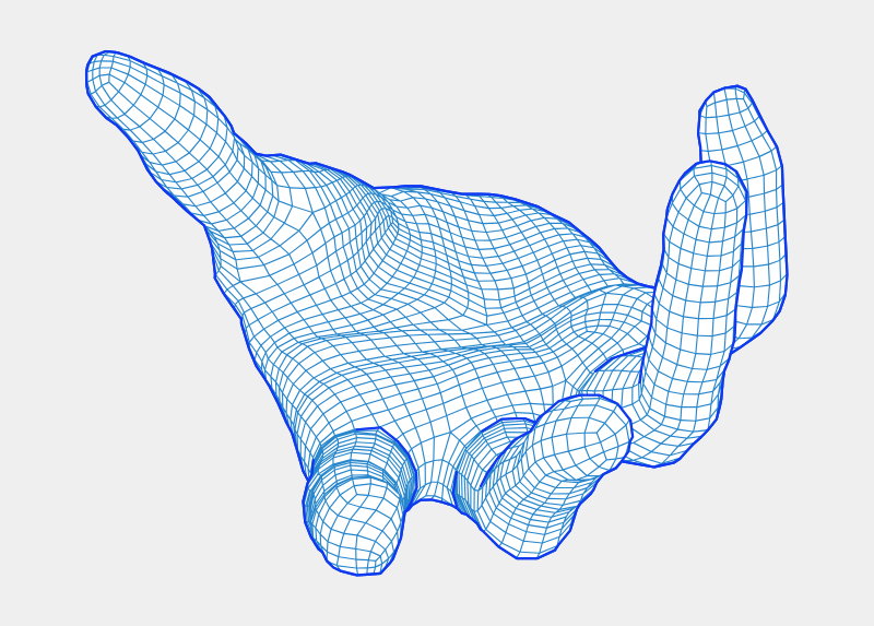 A blue wireframe 3D mesh of an abstract, organic shape with multiple rounded protrusions, displayed on a light grey background.