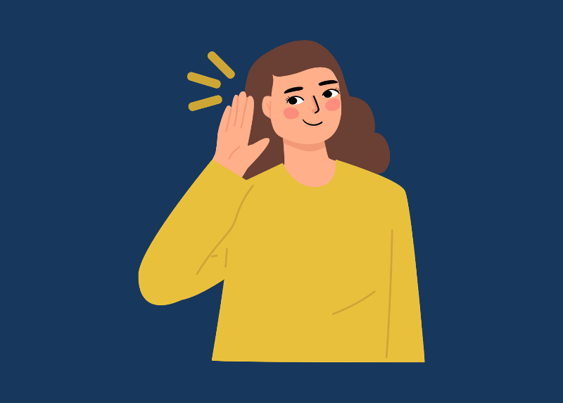 Illustration of a person cupping their ear to listen, representing active listening, employee voice and gathering feedback.