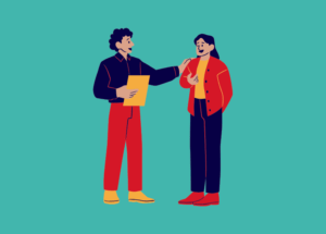 Illustration of two colleagues having a conversation, representing manager support, employee feedback and workplace communication.
