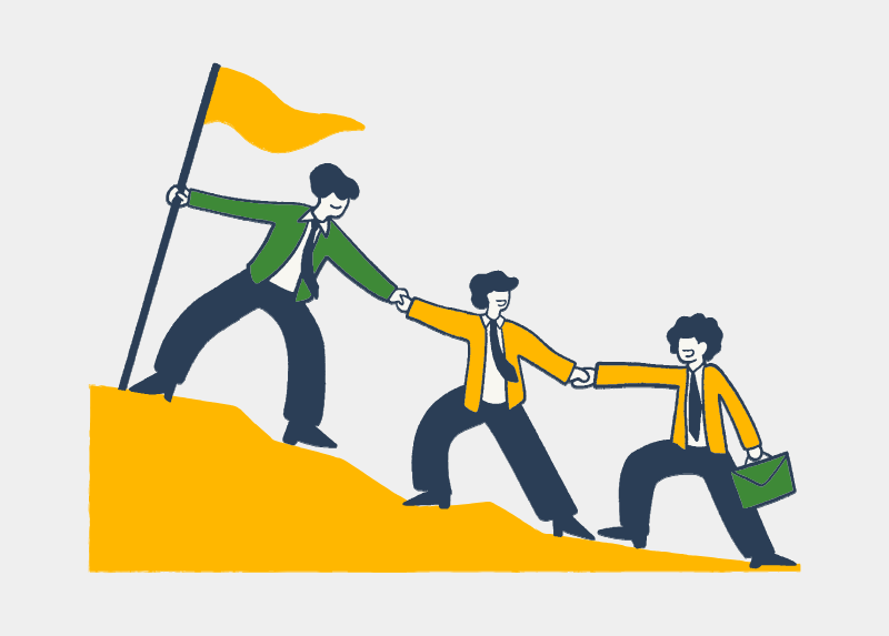 Illustration of colleagues helping each other climb a hill towards a flag, symbolising leadership, resilience, teamwork and workplace support.