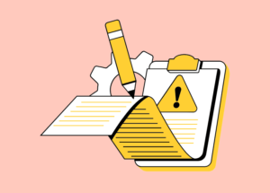 Illustration of a clipboard with a warning symbol, document and pencil representing workplace processes, risk assessment and organisational challenges.