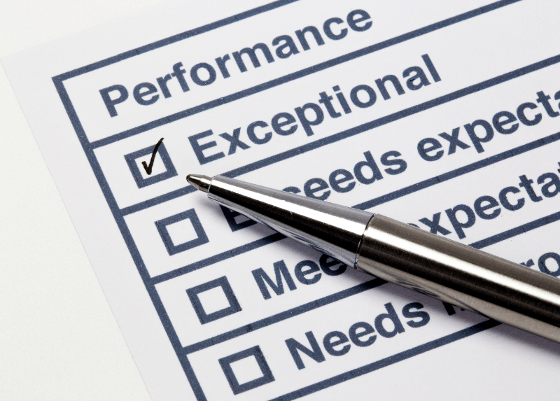 Performance review form with 'Exceptional' selected, representing workplace productivity, performance and employee engagement.