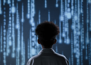 Person viewed from behind facing a large digital display, representing humans navigating an AI-driven future.